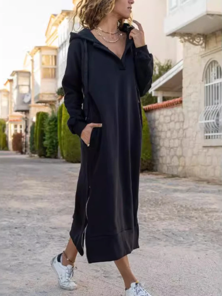 Autumn and Winter Fashion New Women\'s Warm and Loose Hoodie Dress Commuting Style Casual Hooded V-neck Slit Hoodie Long Skirt