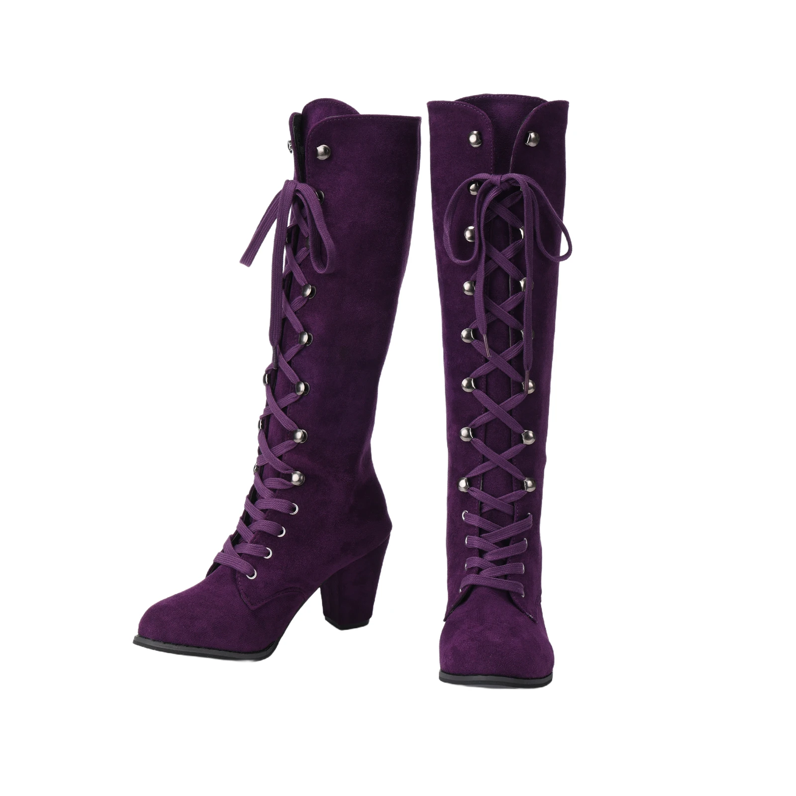 Botas medievales victorianas hasta la rodilla para mujer, gamuza gótica, tacón grueso con cordones, zapatos de media pantorrilla, disfraz de Cosplay