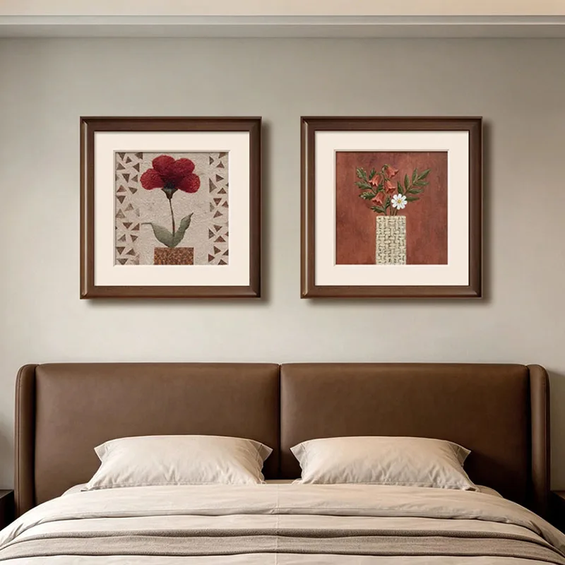 2Pcs Framed Floral Wall Art Set, Red Flower Botanical Poster in Wooden Frame Vintage Pictures for Living Room Bedroom Wall Decor
