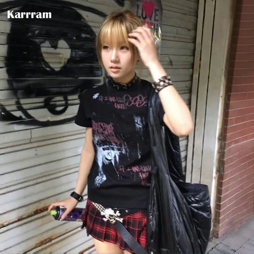 Karrram-Camiseta con estampado de grafiti japonés Y2k, camiseta de manga corta estilo Trashy 2000s, ropa de calle Vintage Harajuku Grunge American