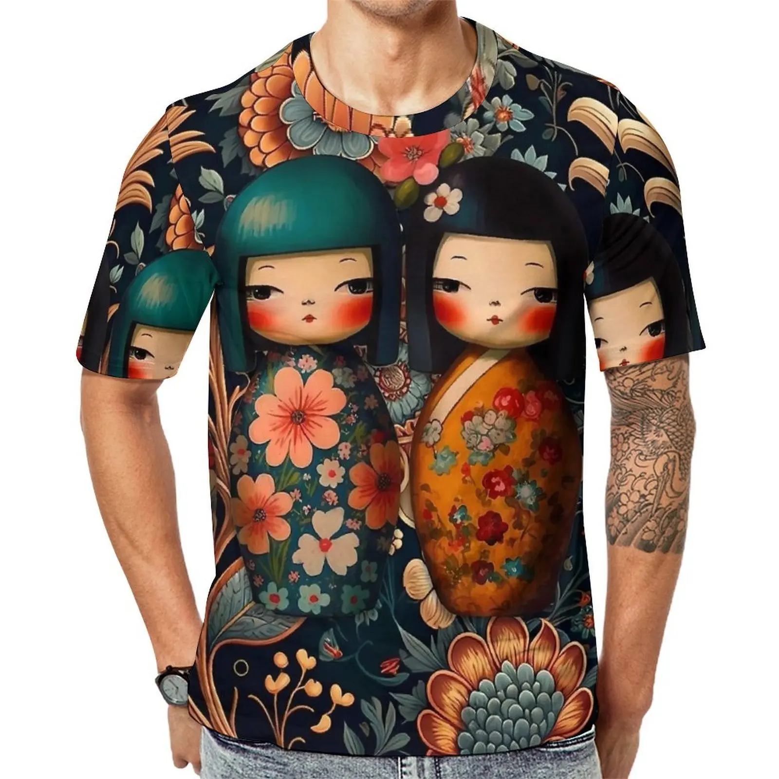 Japanese Dolls T Shirt For Men Fancy Kokeshi Dolls O Neck T Shirts Summer Retro Clothes Short Sleeve Street Style Plus Size Tees
