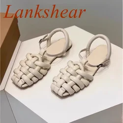 Square Toe Weave Women Shoe Flat Sole Spring Slingback Solid Buckle Strap Retro Genuine Leather Sexy Mary Jane 2025 New Arrivals