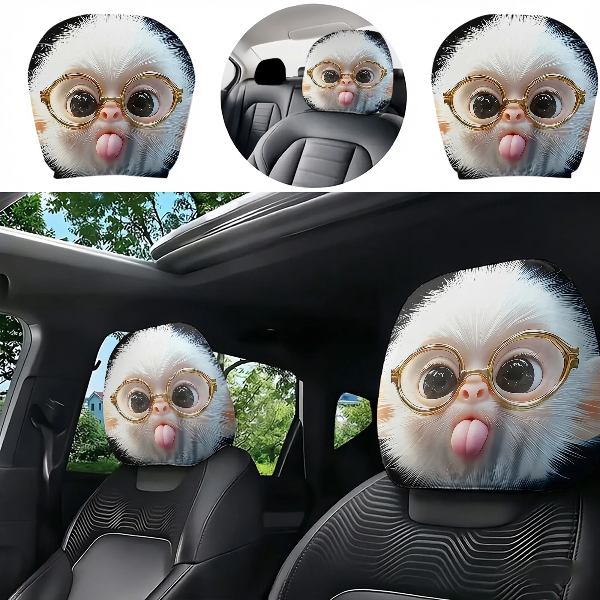 2pcs car headrest covers featuring a cute white monkey design, adding a touch of playfulness to your car’s interior. Does not in