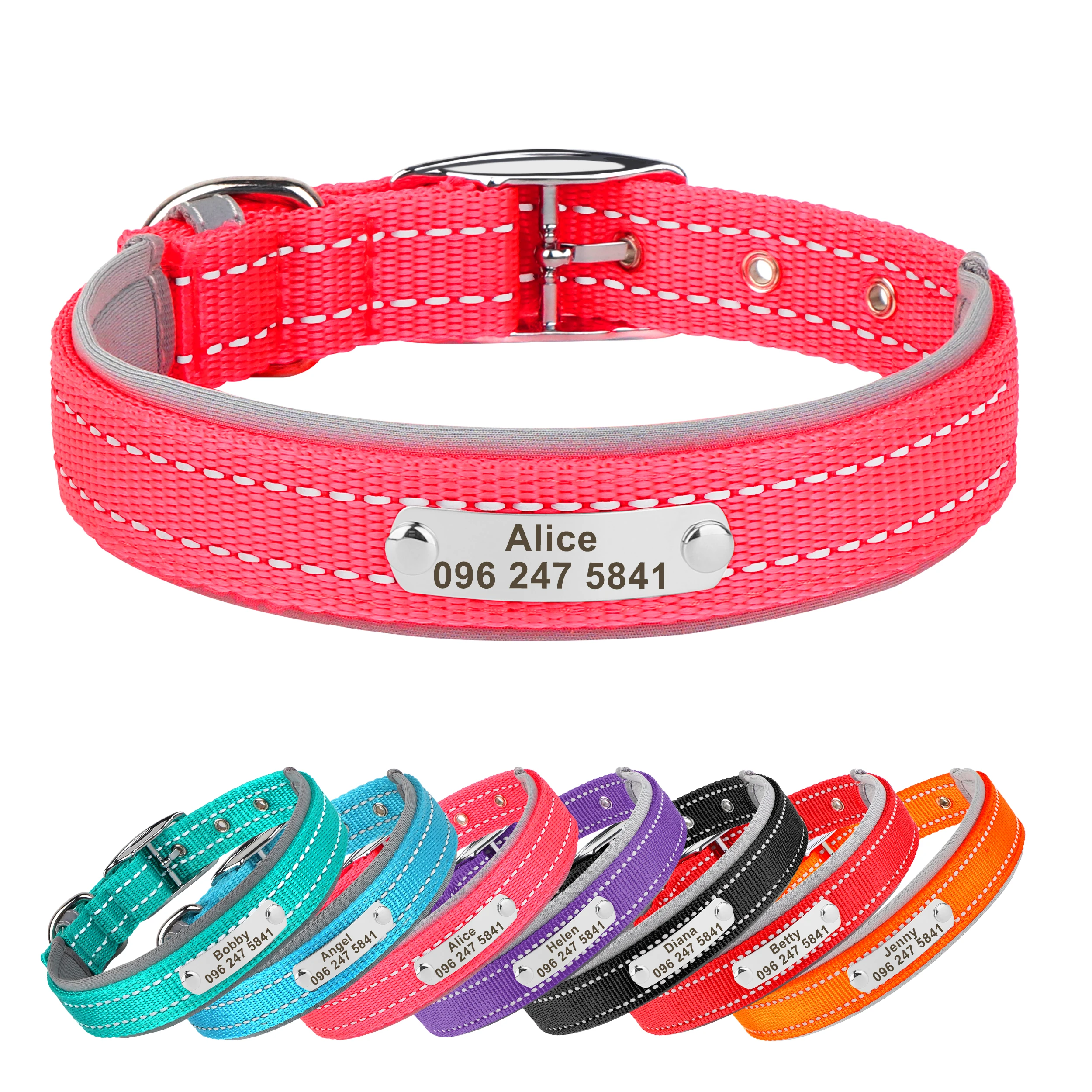 Kostenloses, individuelles, reflektierendes, langlebiges Hundehalsband, kostenlose Gravur, ID-Namenskettenhalsbänder, verstellbar, für kleine, mittelgroße und große Hunde, Pitbulls
