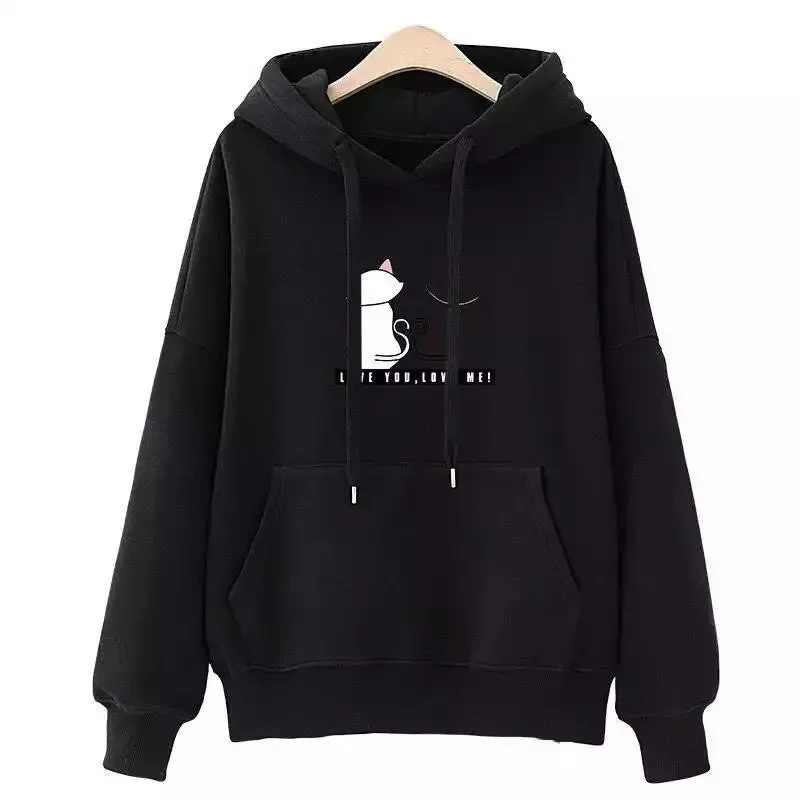 Fall/Winter 2023 new cute cat dropped shoulder hooded sweatshirt women\'s fleece loose pullover top