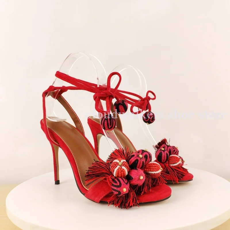 Vintage Ethnic Red Suede Stiletto Sandal Handcraft Bead Pom Pom Tassel Detail Peep Toe Sandals Adjustable Ankle Banquet Vacation - view 3