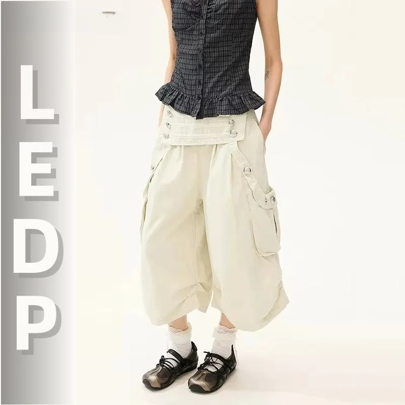 IMU Women's Button Decor Work Pants Steampunk Pleated Elastic Waist Big Pockets Baggy Lounge Pants Y2K Alternative Clo