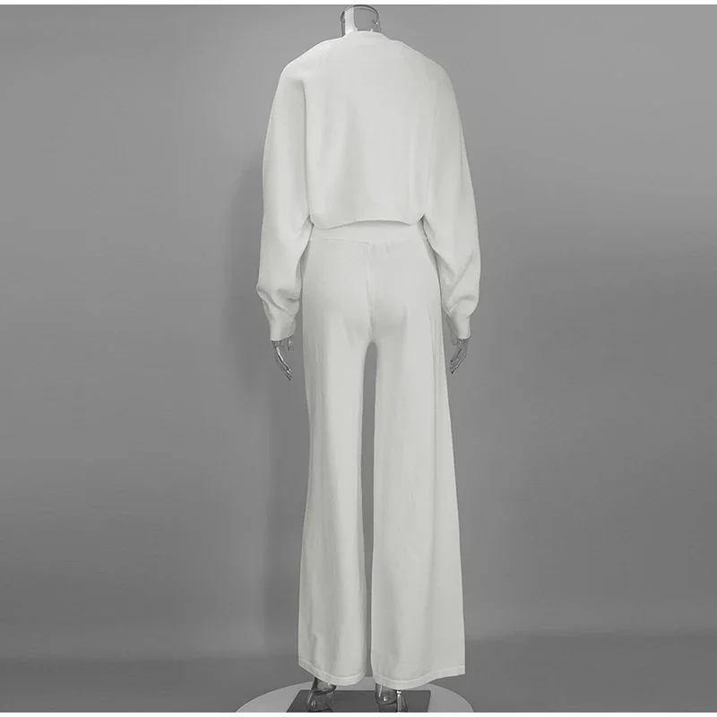 Damen Strick-3-Teiler-Set: O-Ausschnitt, ärmelloses Crop-Top, Langarm-Mantel, weit geschnittene Hose, Herbstmode, neue Strickwaren für Damen – Detail 5