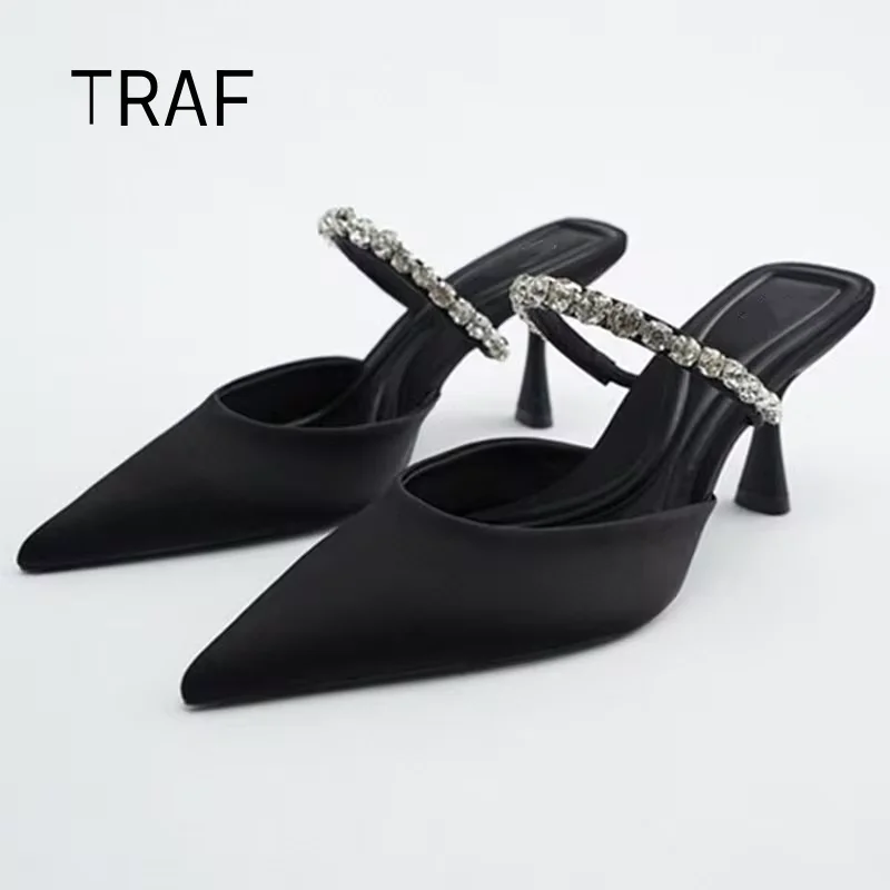 

TRAF 2024 Black Slingback Heels Sandals Woman Shoes Summer Heel Shoes Pointe High Heels Women Pumps Elegant Mules Ladies Shoes