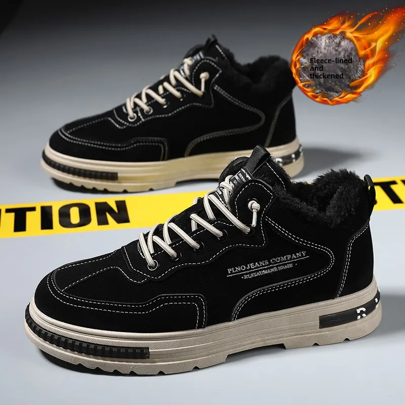 

Men's Winter Warm Fleece Lined Thick Work Boots Casual Rubber Sole High Top Boots Black Comfortable Breathable Leather Shoes