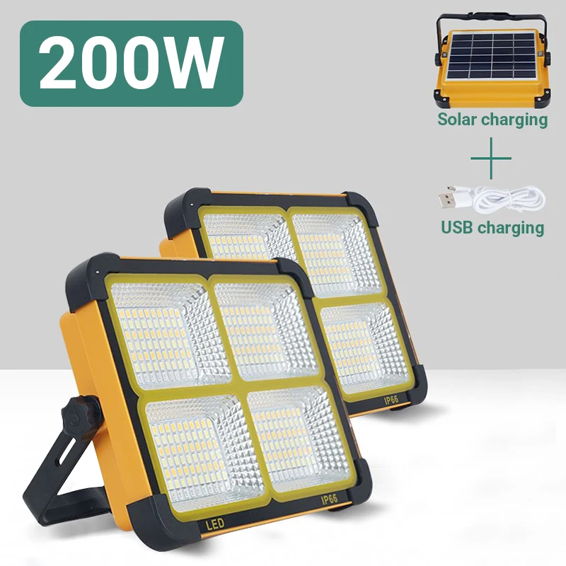200W Solar flood light LED Portable Rechargeable Floodlight Waterproof Spotlight Battery Powered Searchlight Outdoor Work Lamp