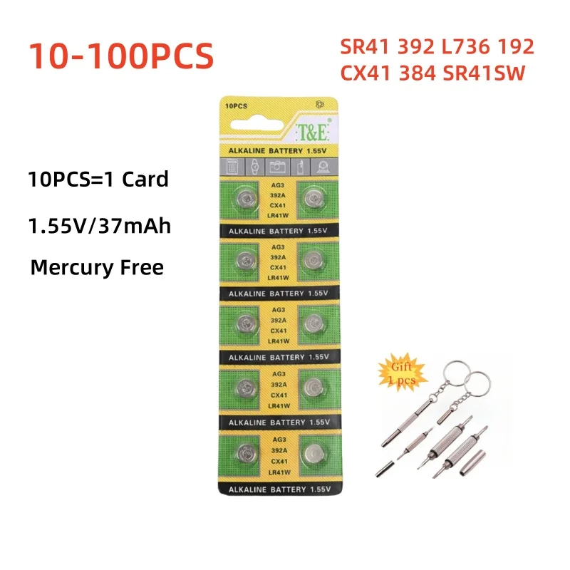 

10-100PCS Battery AG3 LR41 SR41 392 192 L736 384 SR41SW CX41 1.5V Cell Coin Batteries For Watch Toys Remote