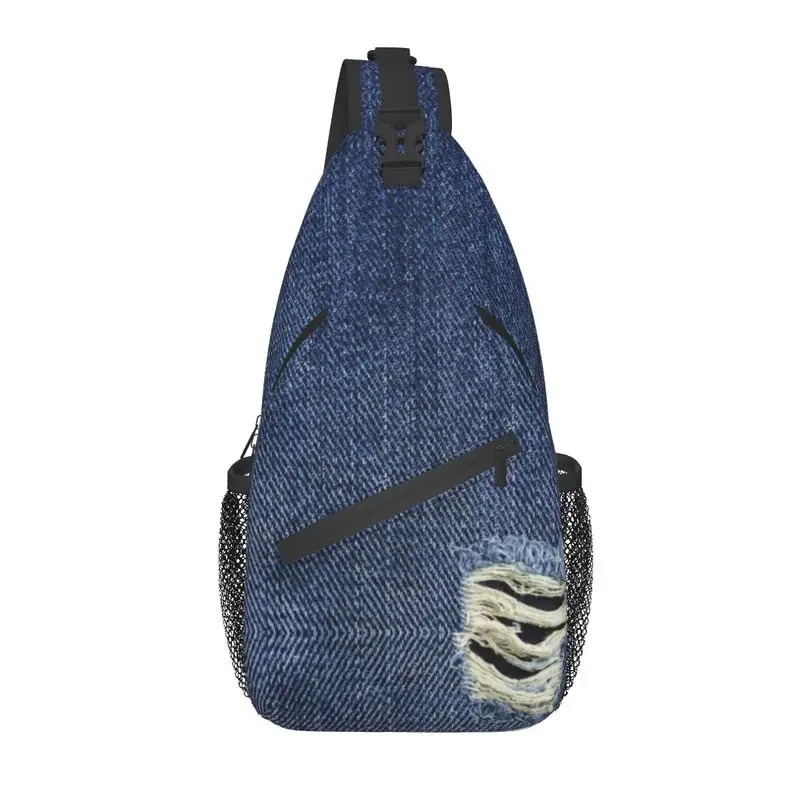 

Dark Blue Denim Ripped Sling Crossbody Backpack Men Custom Trend Texture Chest Shoulder Bag for Travel Hiking Daypack