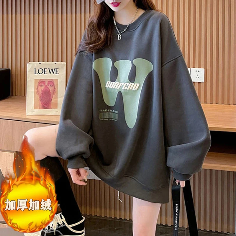 Women Korean Style Letter Print Fleece Oversize Streetwear Y2K Sweatshirts Autumn Winter Simple Casual Long Sleeve Pullover Tops