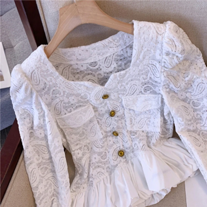 

Good quality,Spring,European,Clothes,Blouse,Women,Fashion,Sexy,Square-neck pocket,Button,Patchwork,Tops,Long Sleeve,Pullover,580