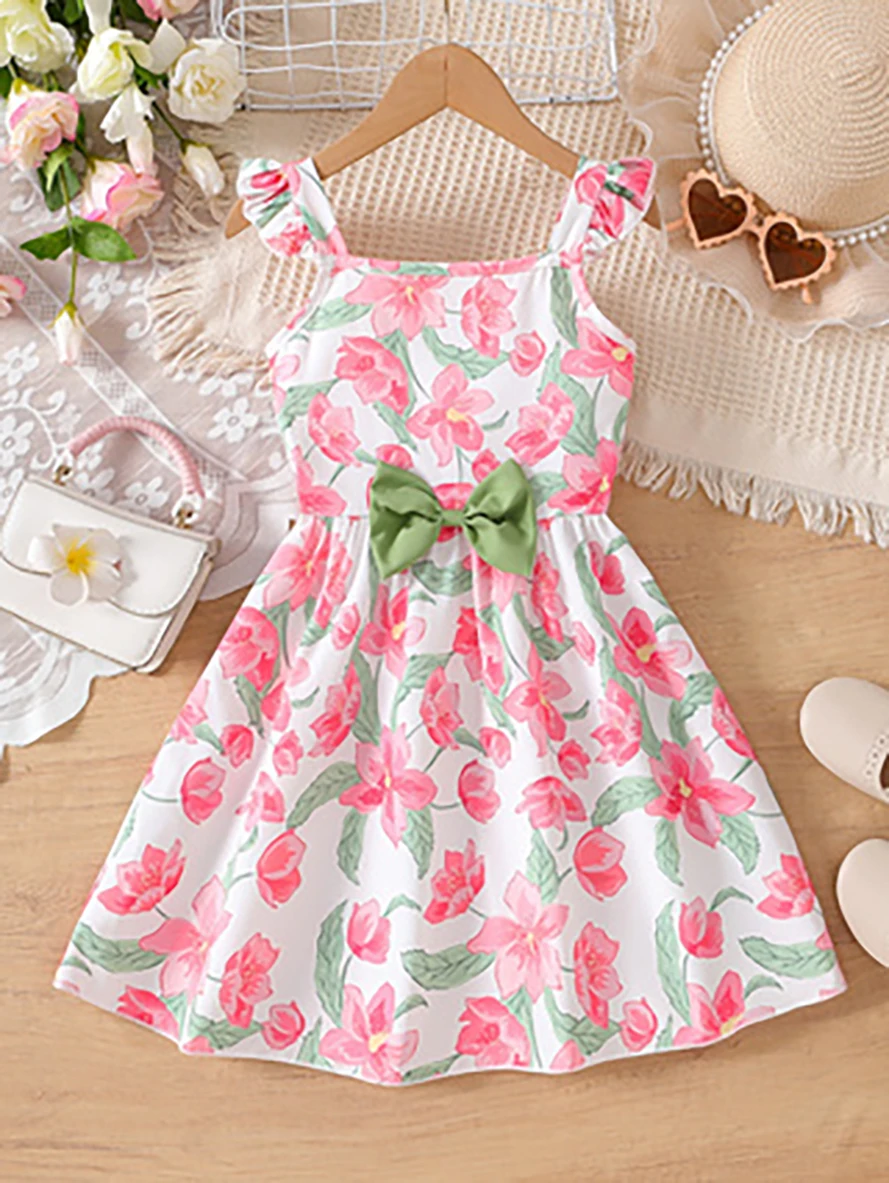 Girls' Pink Floral Spaghetti Strap Dress, Summer Ruffled A-Line Skirt, Sweet Pastoral Princess Dress for Kids