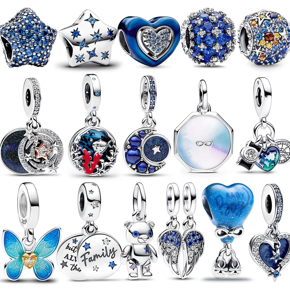 

New 925 Sterling Silver Galaxy Heart Medallion Charm for Bracelet Blue Butterfly Charms for Women Necklace DIY Jewelry