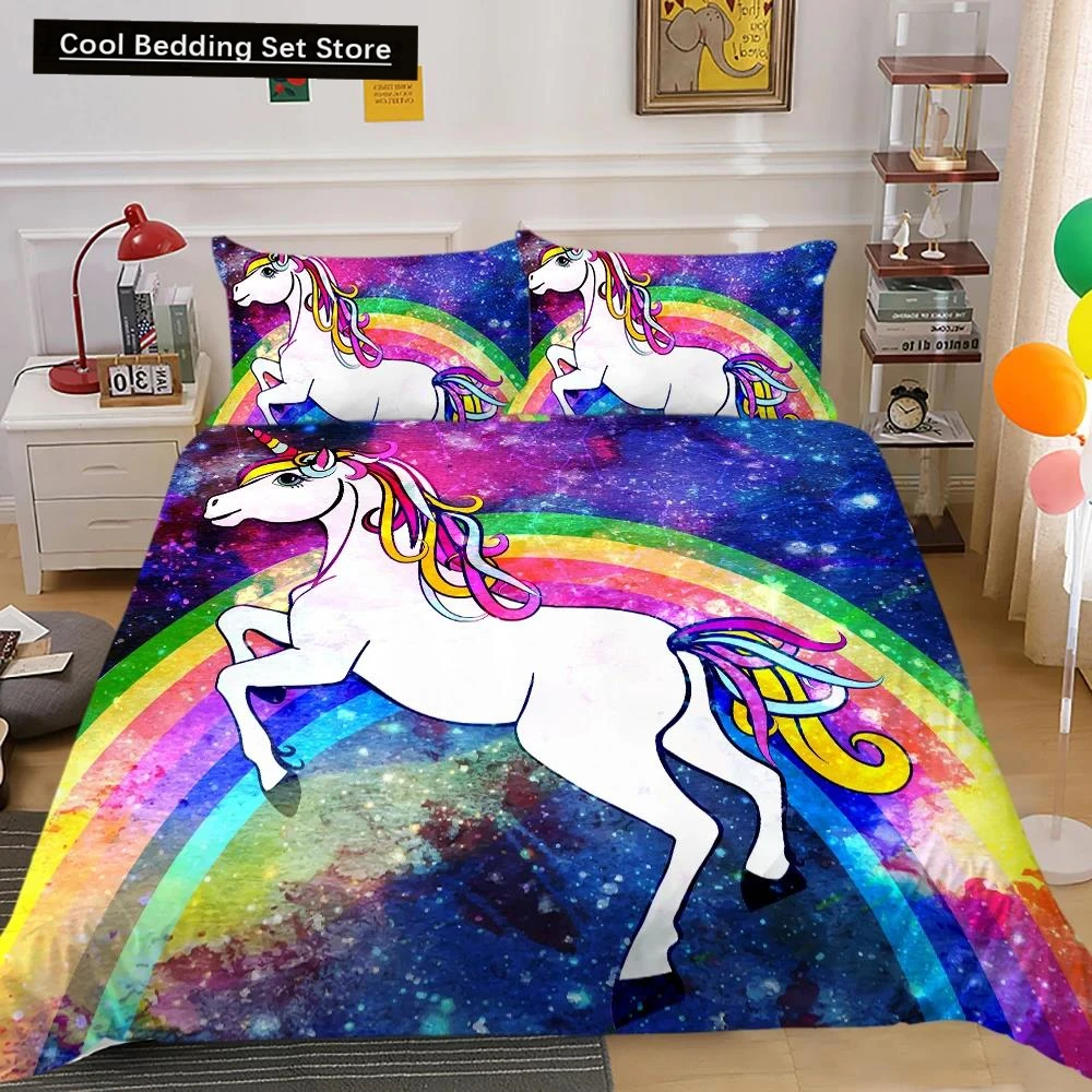 

Unicorn King Queen Duvet Cover Cartoon Animal Rainbow Universe Bedding Set for Kids Teen Cosmic Starry Sky Polyester Quilt Cover