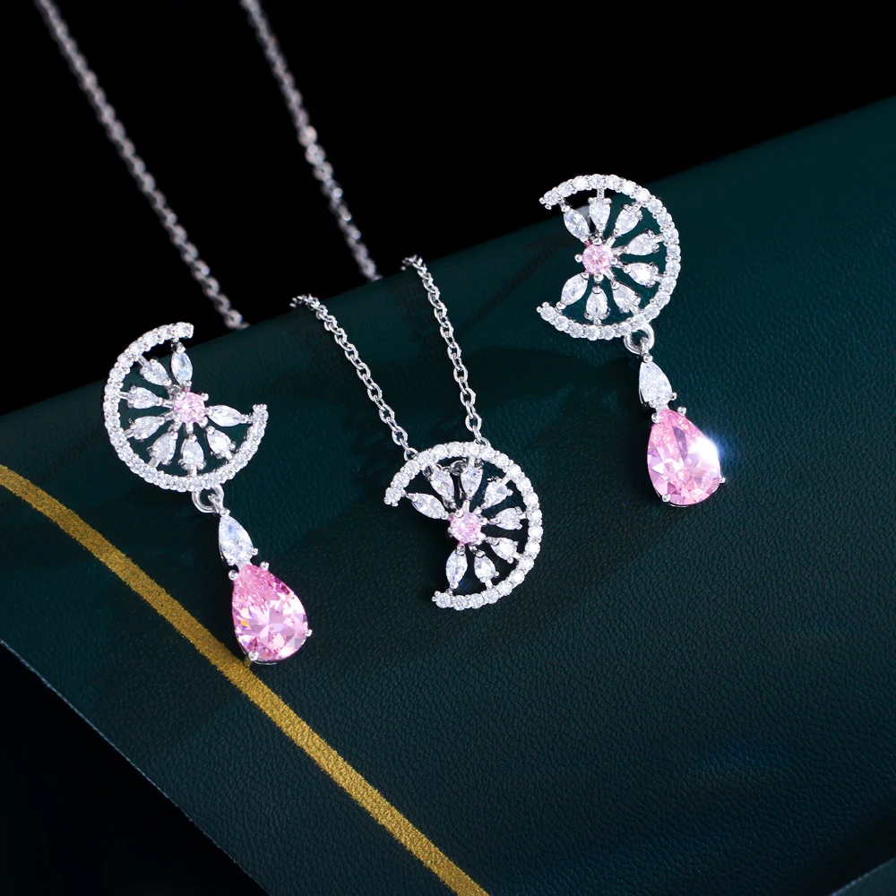 ThreeGraces Shiny Pink Zircon Elegant Water Drop Pendant Necklace and Earrings Dubai Wedding Party Jewelry Set for Women JS714