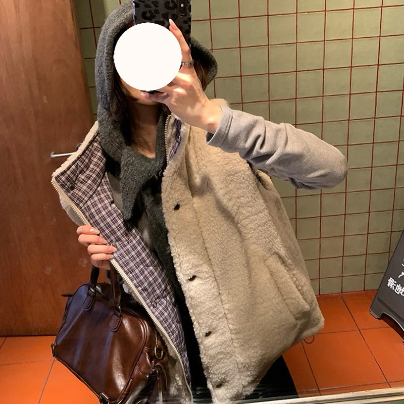 MEXZT Vintage Lamb Wool Vest Women Plaid Fluffy Jacket Waistcoat Harajuku Sleeveless Furry Coat Winter Korean Casual Outerwears