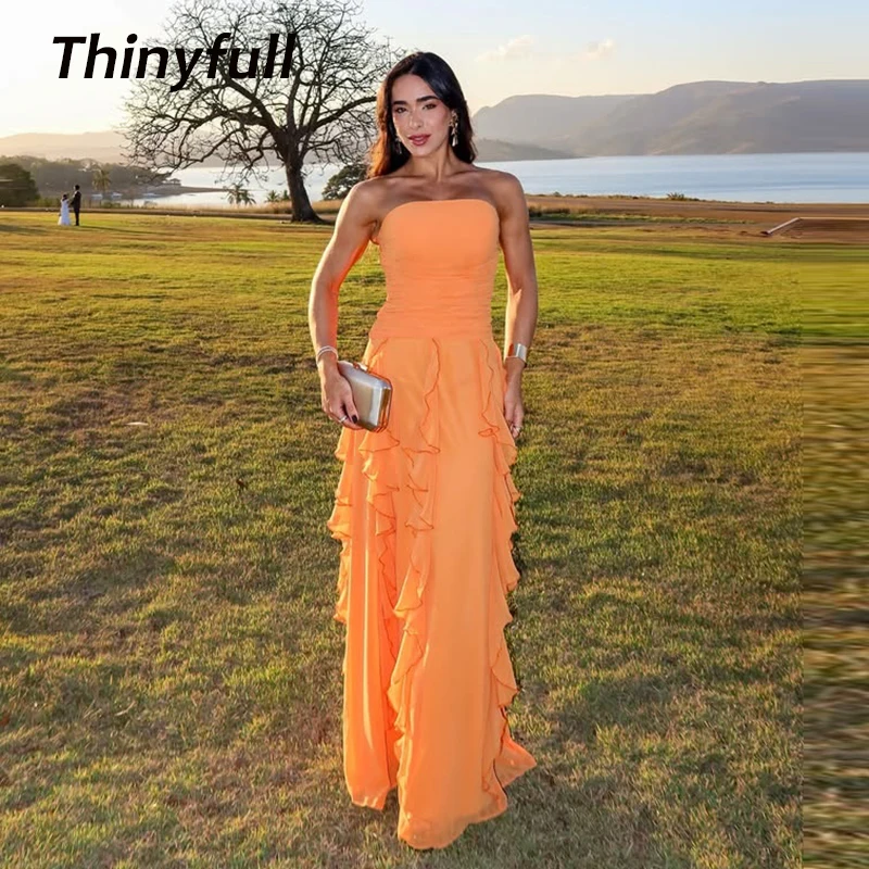 

Thinyfull A-line Chiffon Sleeveless Prom Dresses Strapless Ruffles Evening Dress Dubai Formal Gown Robe De Soirée Customized