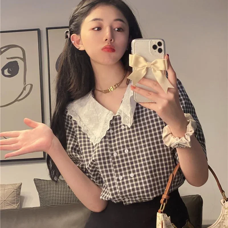 Plaid Shirts Women Peter Pan Collar Sweet Loose Lace Button Retro Puff Short Sleeve Blouses Design French Style Summer Mujer Top