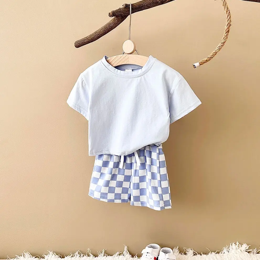 2024 Newborn Summer Boys Clothing Set Solid Color Short Sleeved T-shirt+Checkerboard Shorts Cotton Girls Casual Children Suit