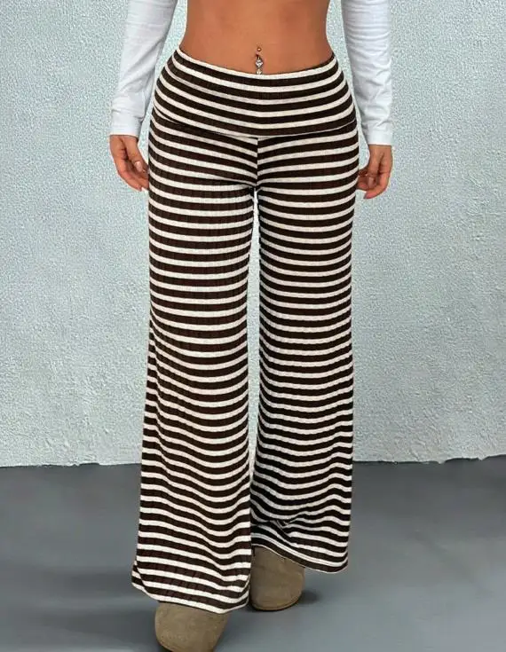 2025 الخريف سروال تقليدي مخطط مرونة سليم مستقيم الساق السراويل الملابس النسائية