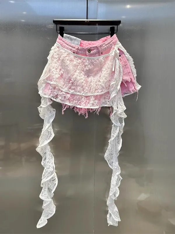 

Sweet Cool Pure Desire Heavy Embroidery Lace Splicing Denim ort Pants High Waist Wide Leg ort orts Women's Faion