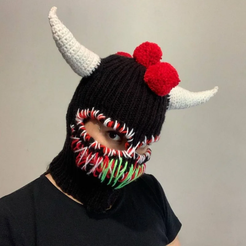 Halloween Horn Devil Hat Women Autumn And Winter Knitted Colorful Picture Props Y2K-GIRL Hat with Crocheted Angel Horn Hat