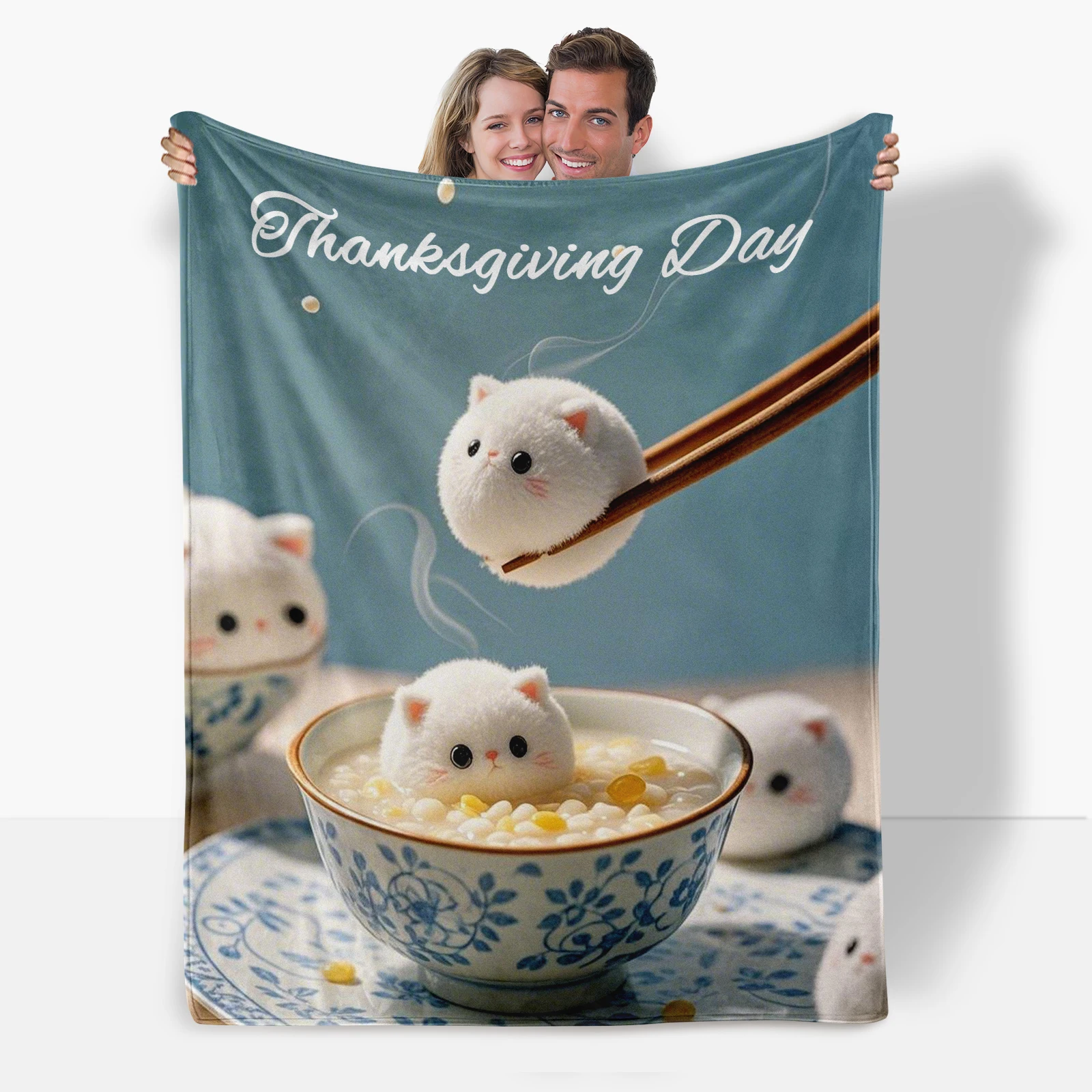 Thanksgiving Flannel Blanket Featuring Cartoon Cat Tangyuan And Chopsticks With Warm Blessings To Celebrate Uniquely With Loved