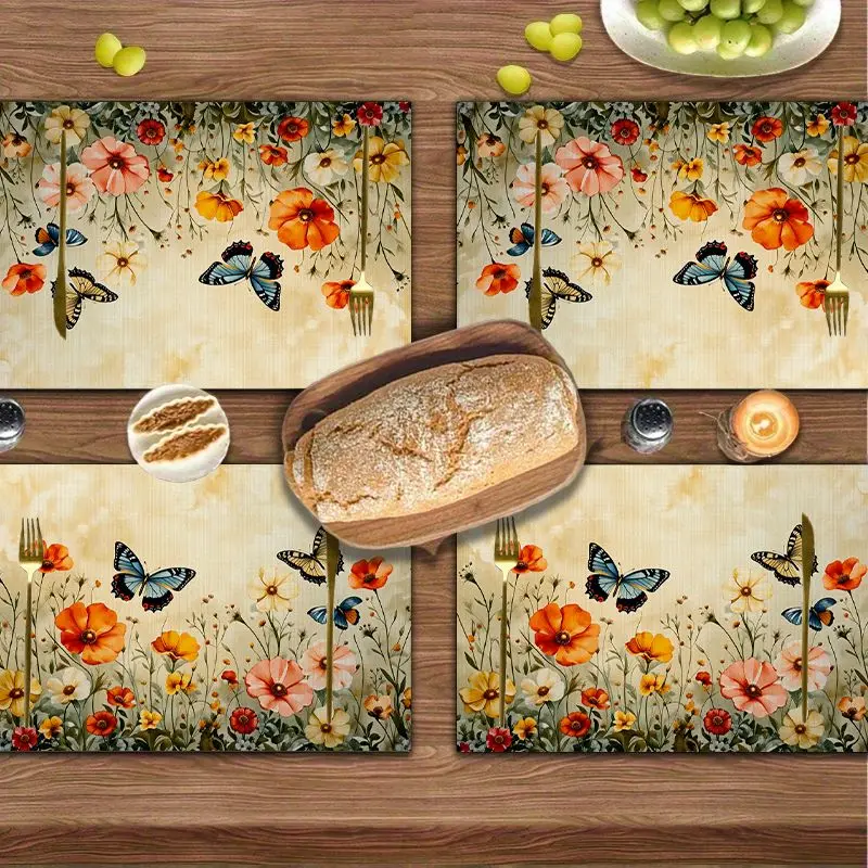 4Pcs, Grass Flower and Butterfly Placemats, the Best Placemats, Washable, Suitable for Holiday Parties, Home Decor, Kitchen Countertops, Rectangular Dining Rooms, Make Your Dining Room and Kitchen More Beautiful, Birthday Gifts and Housewarming Party Gifts for Family and Friends