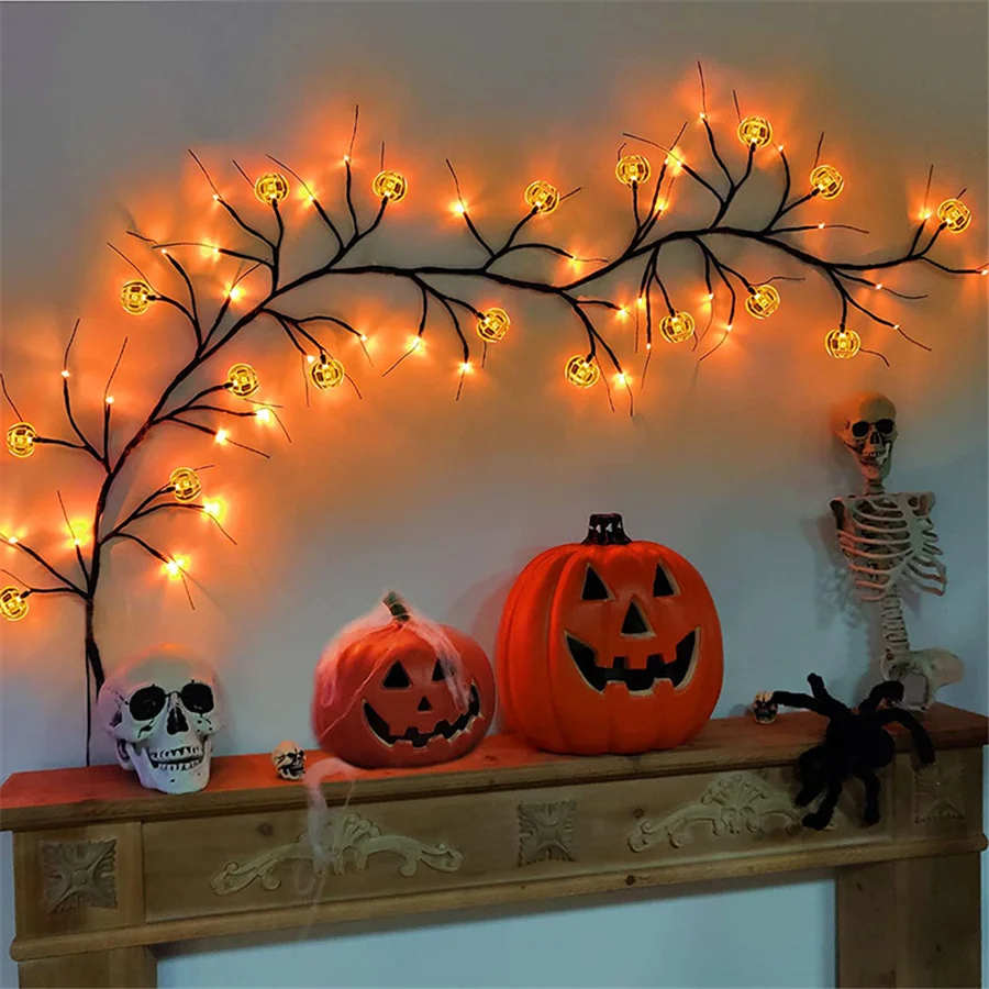 Luzes de corda LED Willow Vine, a pilhas, criativas, aranha, abóbora, morcego, guirlandas para quarto, decoração do lar, Halloween