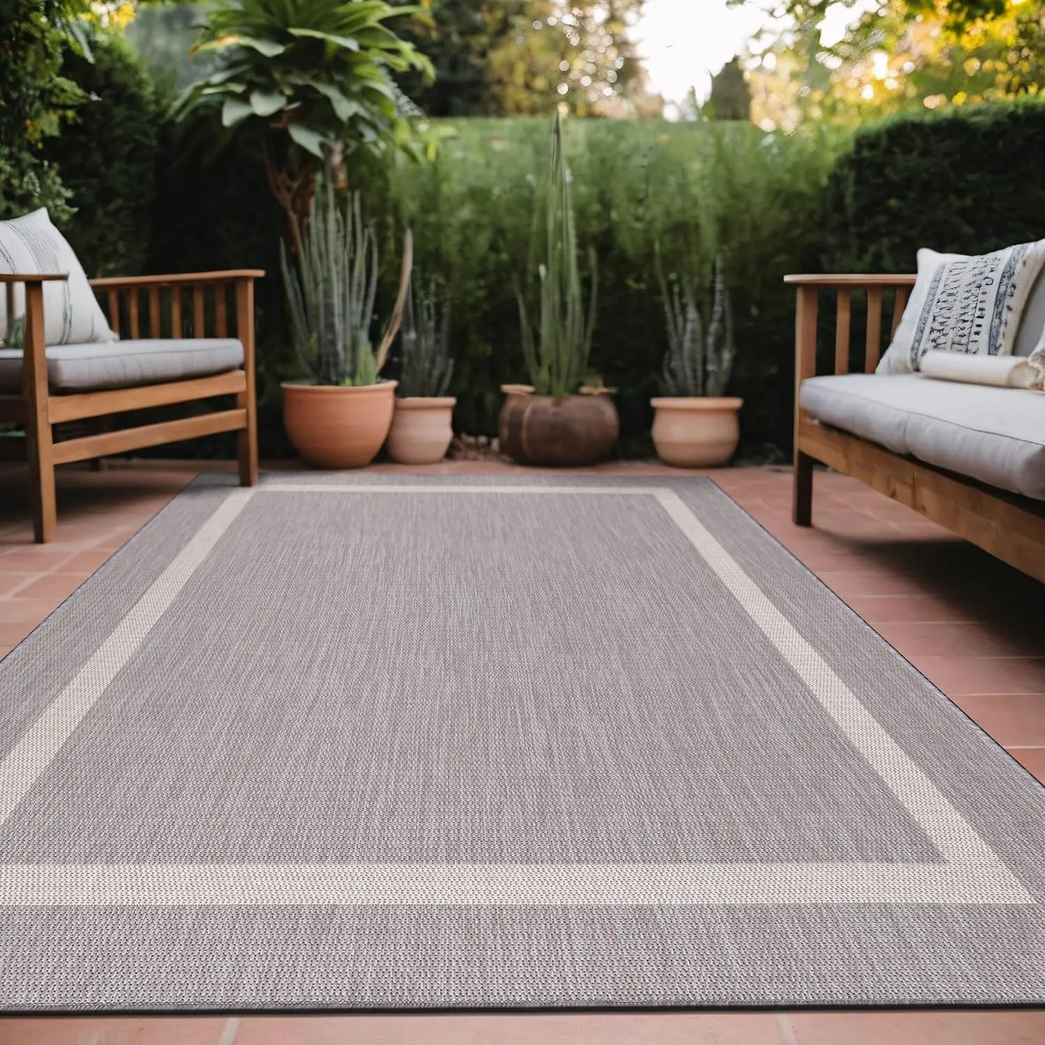 

Bordered Outdoor Rug 8x10 Washable Outside Carpet for Indoor Patio Porch Waterproof Easy Cleaning Non Shedding Area Rugs Gray