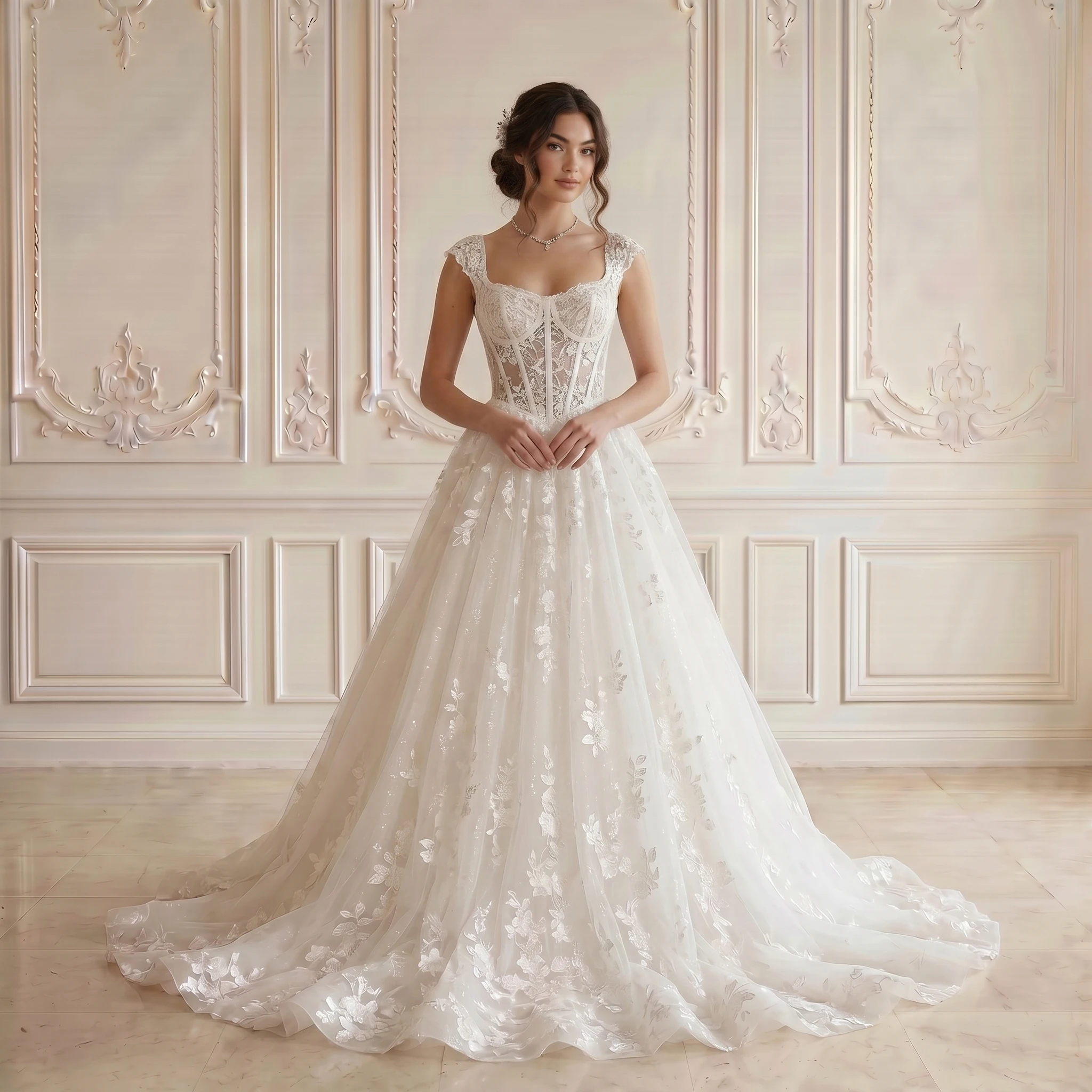 Square Cap Sleeve Sheer Corset A Line Wedding Dress 3D Floral Lace Corset Back Chapel Train Bridal Gown