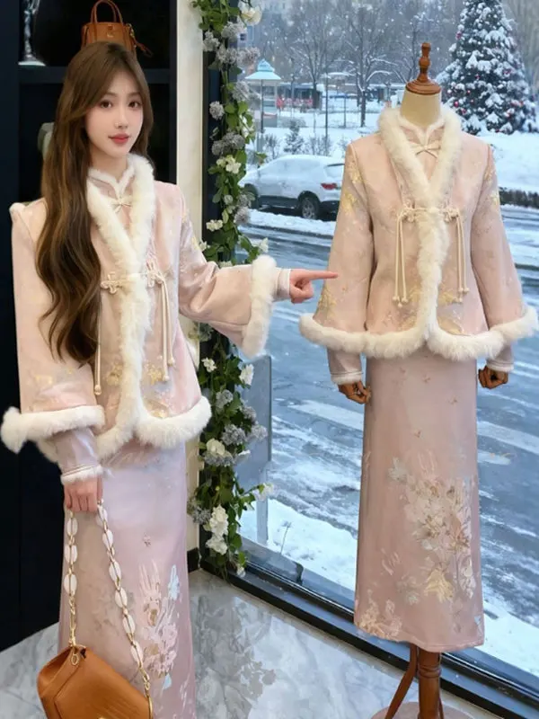 

New Chinese Sle National Trend Set Gentle Wind Super Beautiful Cotton Lined Jaet Qipao Dr Two Piece Set Winter