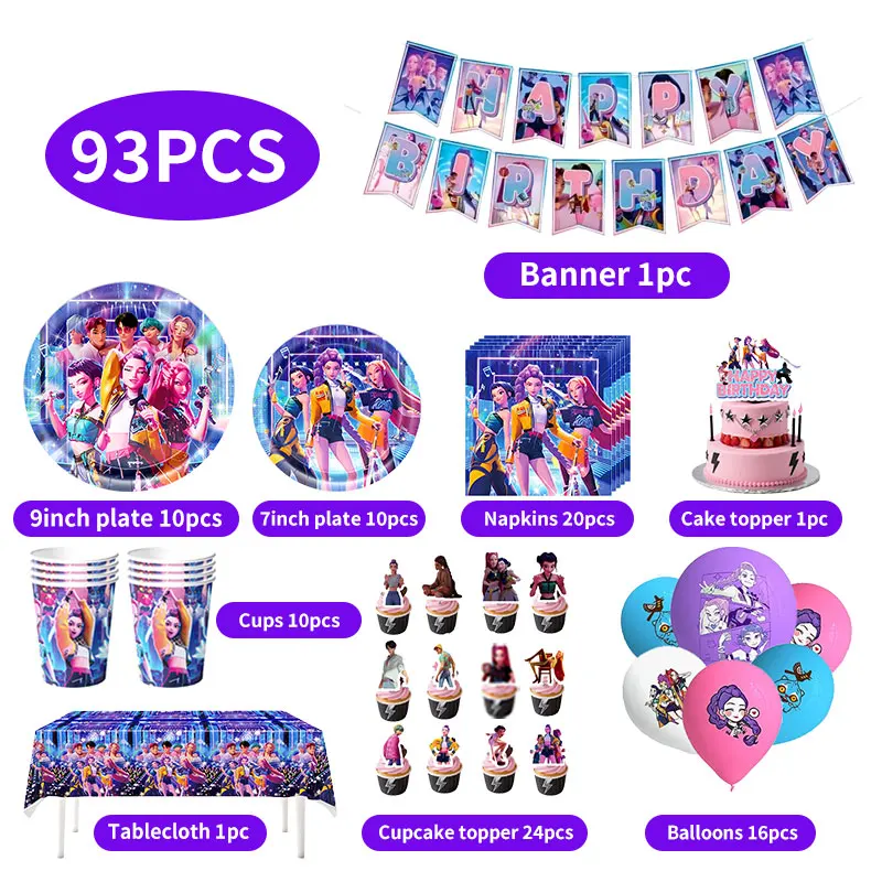 Kpop شيطان هنتر عيد ميلاد موضوع الطرف الديكور مجموعة أدوات المائدة كأس لوحة خلفية مفرش المائدة بالونات فتاة حفلة لصالح الإمدادات