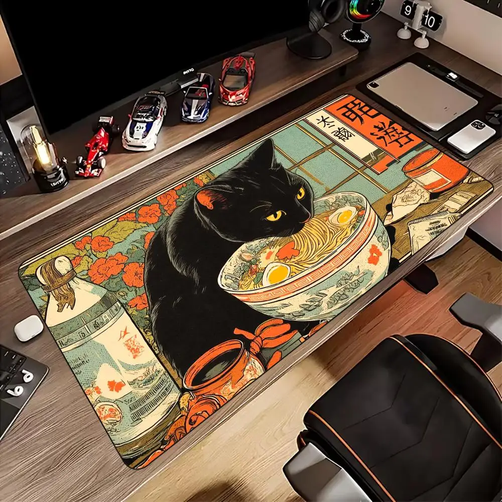 

Кошачьи иллюстрации Ukiyo-e, коврик для мыши, нескользящая резиновая основа, настольный коврик с прошитыми краями, аксессуары для ПК, игровой коврик, расширенный коврик