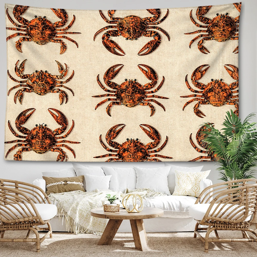 Light Beige Red Crab Repeat Printed Tapestry Wall Hanging Bohemian Style Bedroom Home Decor