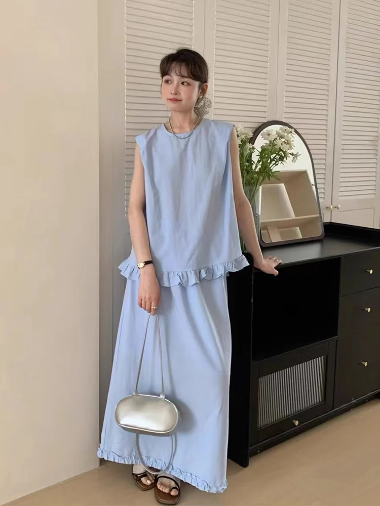 

Liangliang Design Wood ain Vest irt Женская юбка трапециевидной формы с высокой талией, комплект из двух предметов, новинка лета, хлопковая ткань