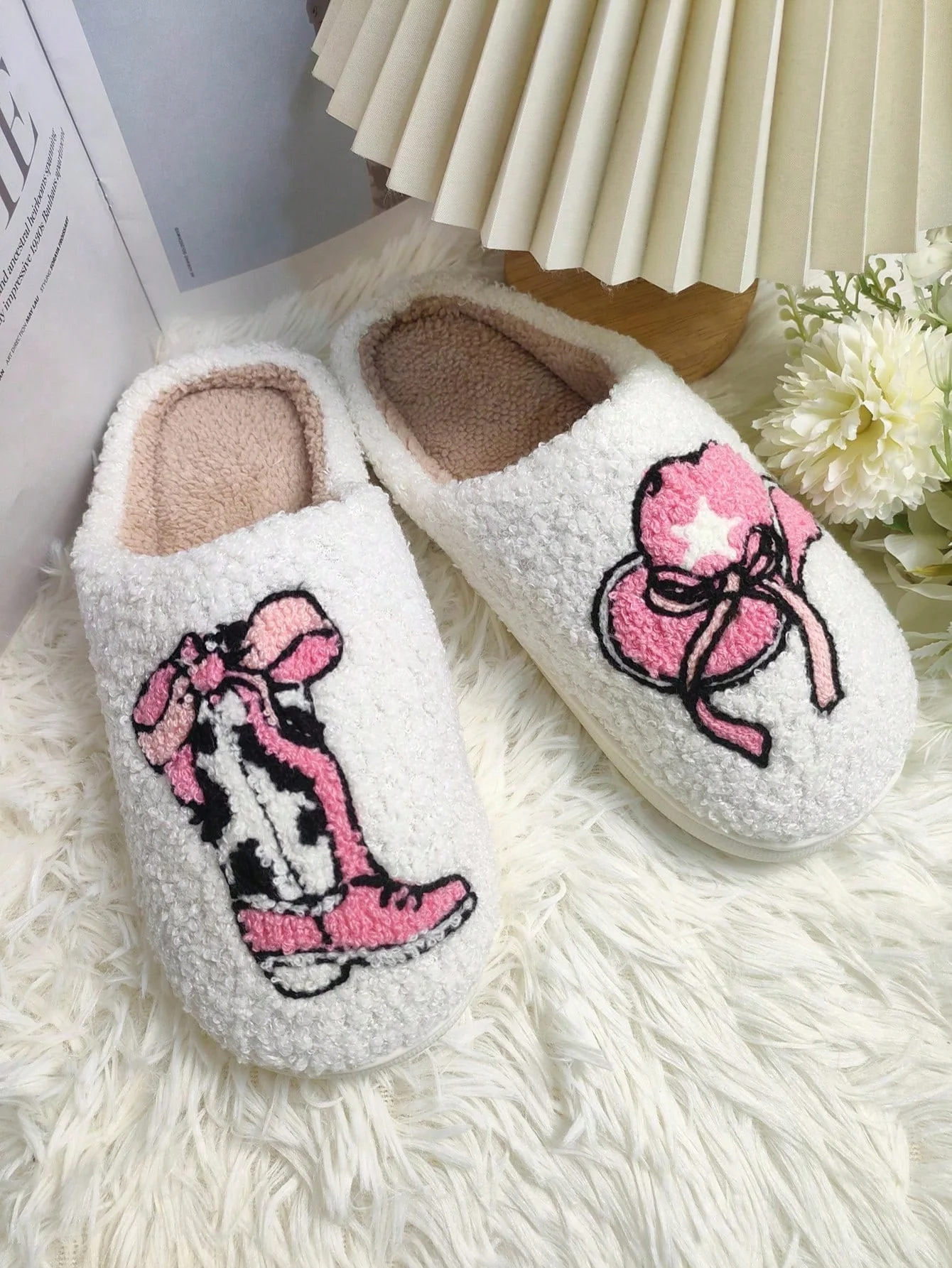 

New Winter Pink Cowboy Hat Boot Plush Slippers, Cute Couple Style Warm Anti-Slip Soft Sole Indoor Home Slides