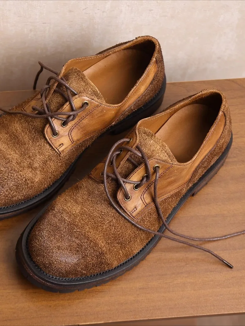 New Formal Cowhide Suede Derby Shoes Men Genuine Leather Lace Up Thick Sole Work Vintage Casual Wedding Leather Shoes Male