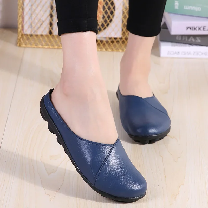 2024 New Summer Outside Genuine Leather Comfortable Round Toe Solid Casual Sewing Woman Slippers Sandals Flats Slides