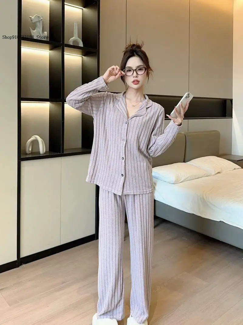 Spring and Autumn Minimalist Brushed Striped Home Casual Suit Skin Friendly and Comfortable Pajama Set for Women
