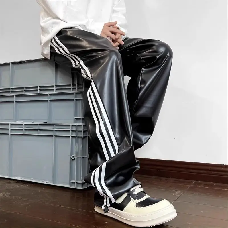 Black PU leather striped ultra soft leather pant for men American style hiophop three bar high-end straight wide leg pants