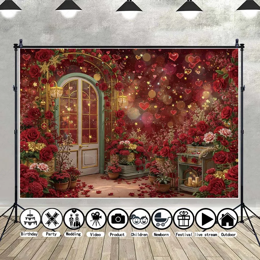 

MOON.QG February 14 Valentine's Day Anniversary Shoot Backdrop Door Lantern Petal Girl Love Photo Wallpaper Background Poster
