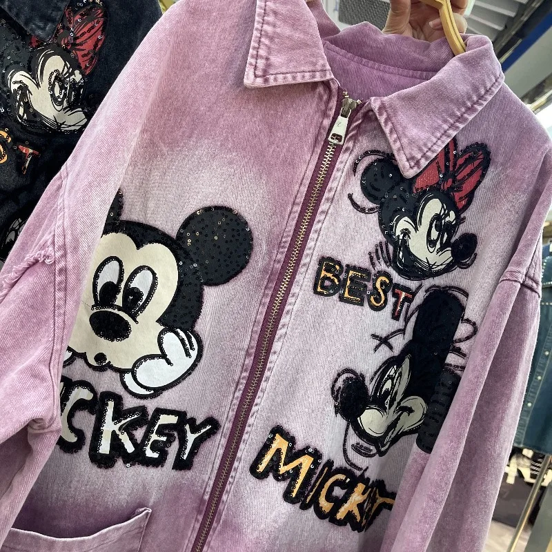 2025 Autumn New Heavy Industry Cartoon Y2k Denim Cardigan Jacket For Women's Loose Casual Top Long Sleeved Single-Breasted Coat