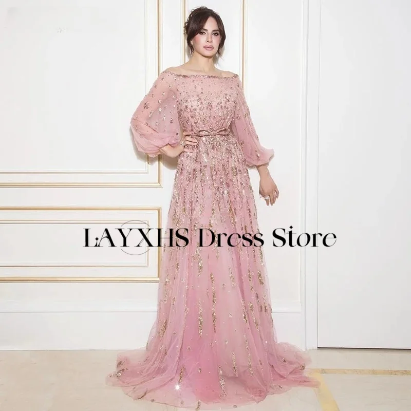 

LAYXHS Gorgeous Shiny Beaded Evening Dresses Off the shoulder Long Sleeves Dubai Prom Dresses Customized فساتين سهرة