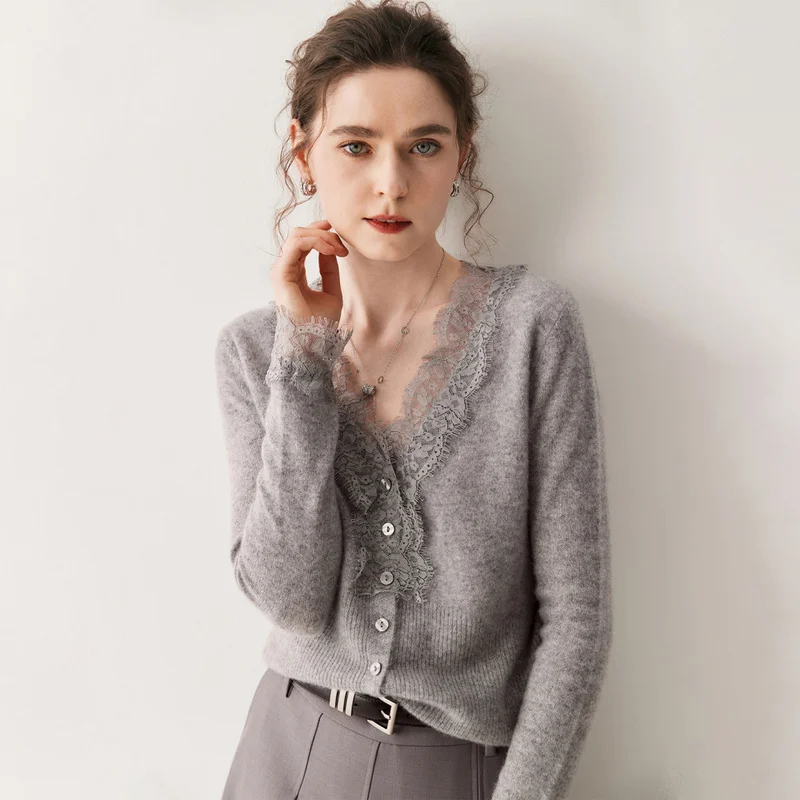 QICHE Women 2026 Autumn Winter V Neck Short Lace Trim Cashmere Cardigan Long Sleeve Wool Knit Sweater Outerwear