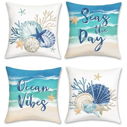 Home Decor Seas the Day & Ocean Vibes Beach Pillows Pattern Cushion Cover Suitable for Sofa Bedroom Car Pillow Cover